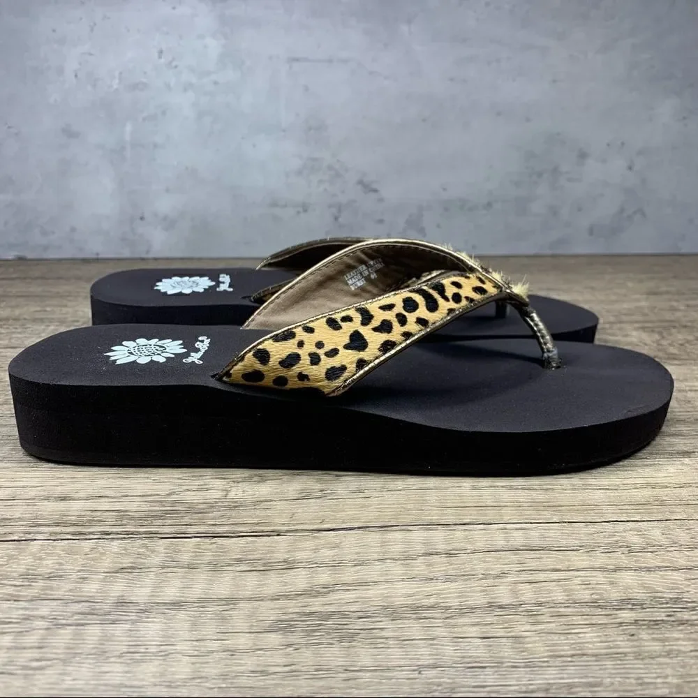 Yellow Box Flip Flops Sz 6.5~Leopard Print Furry Straps Leather "Burst"‎ - Picture 2 of 11